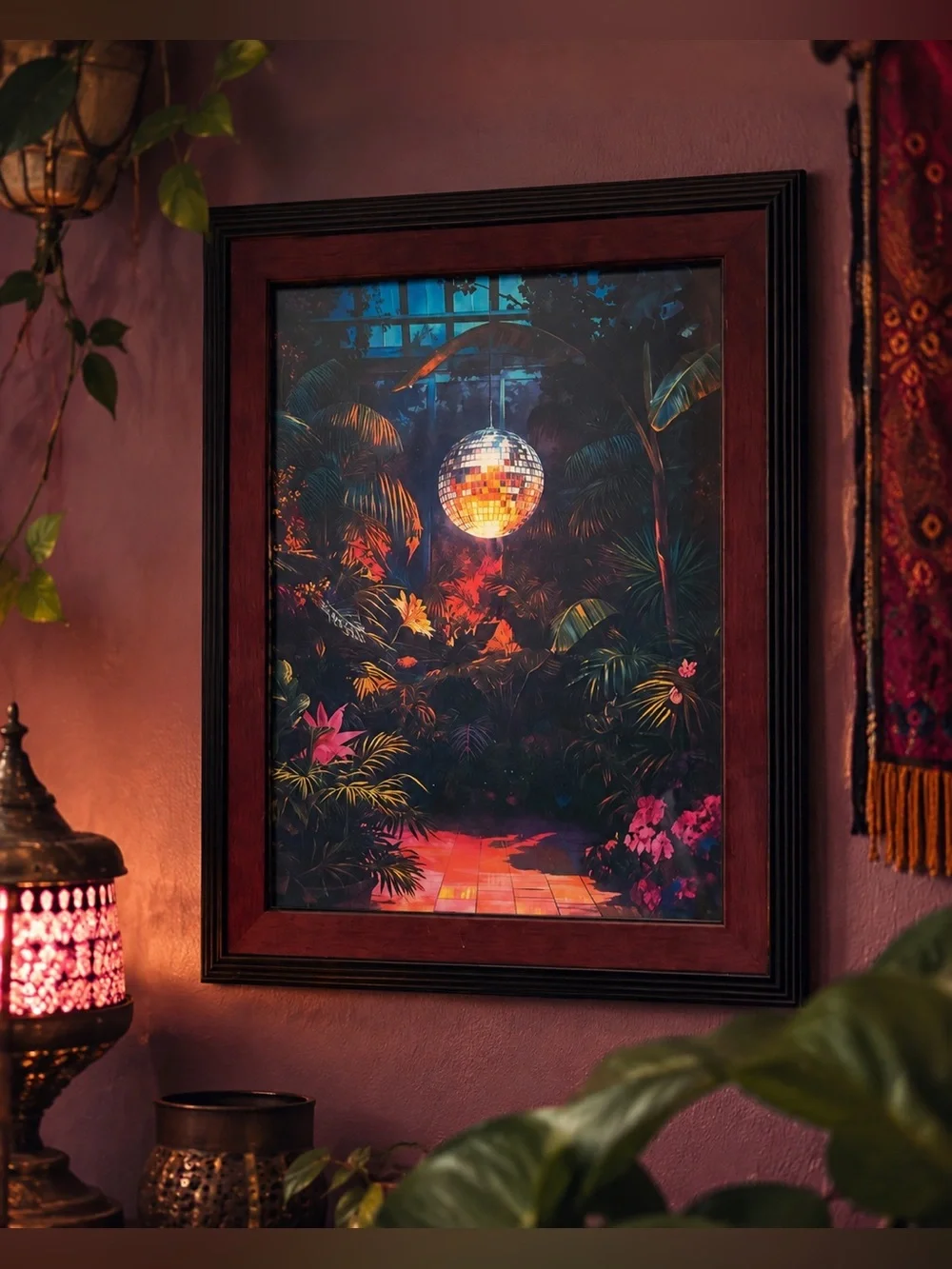 Tropical Jungle Disco Ball Greenhouse Plants Framed Canvas Print Boho Wall Art
